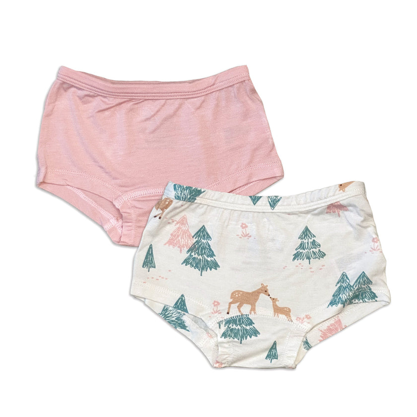 Lot de 2 shorts en bambou pour filles (motif forêt de cerfs/rose thé)