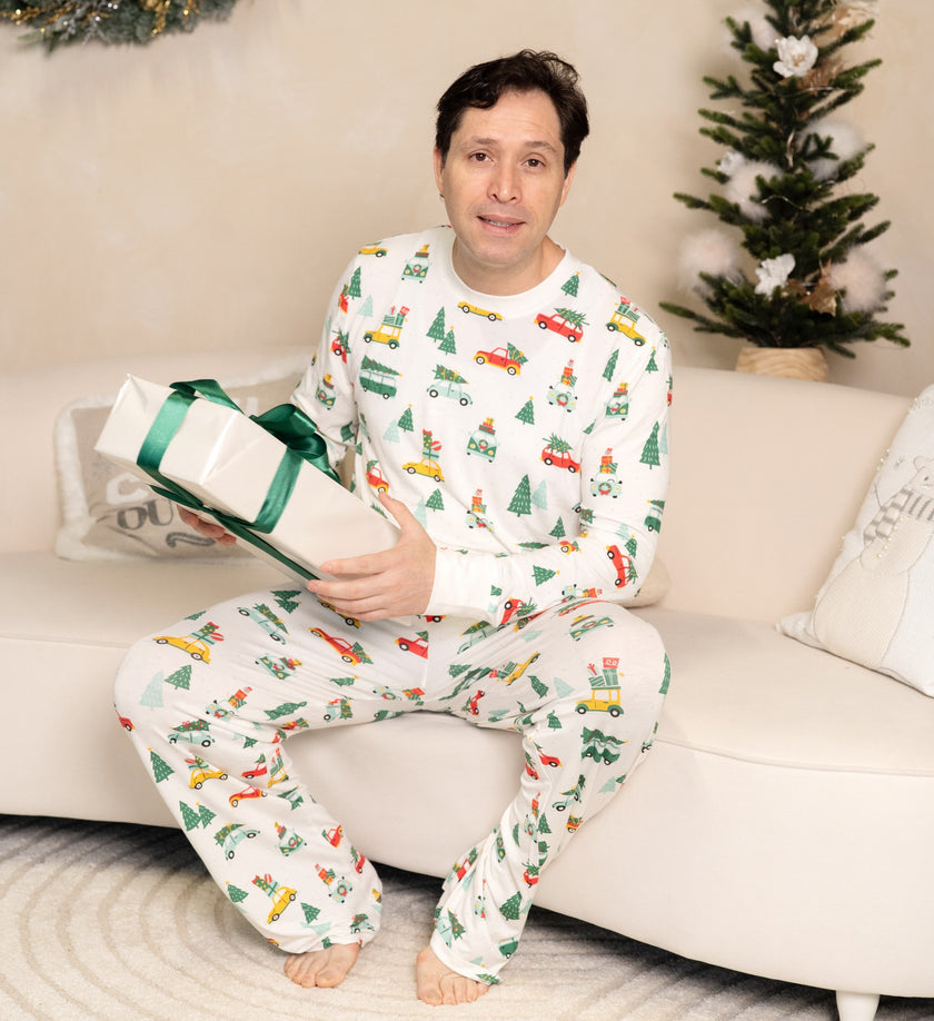 Pyjama en bambou à manches longues pour homme (imprimé voitures de Noël joyeuses)