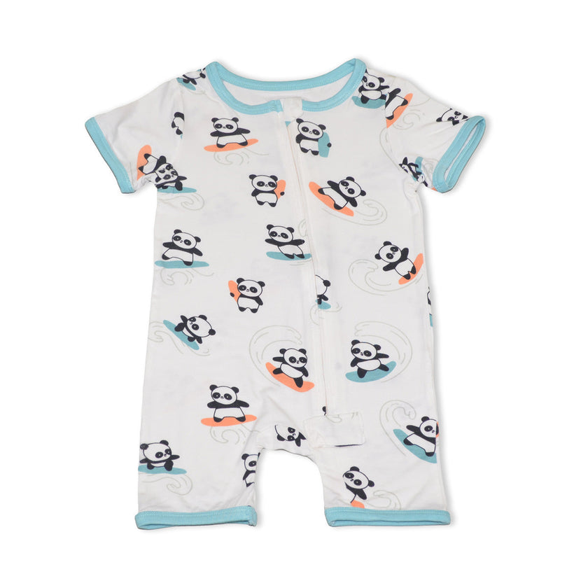 Bamboo Short Sleeve Zippy Romper (Surfs Up Panda Print)