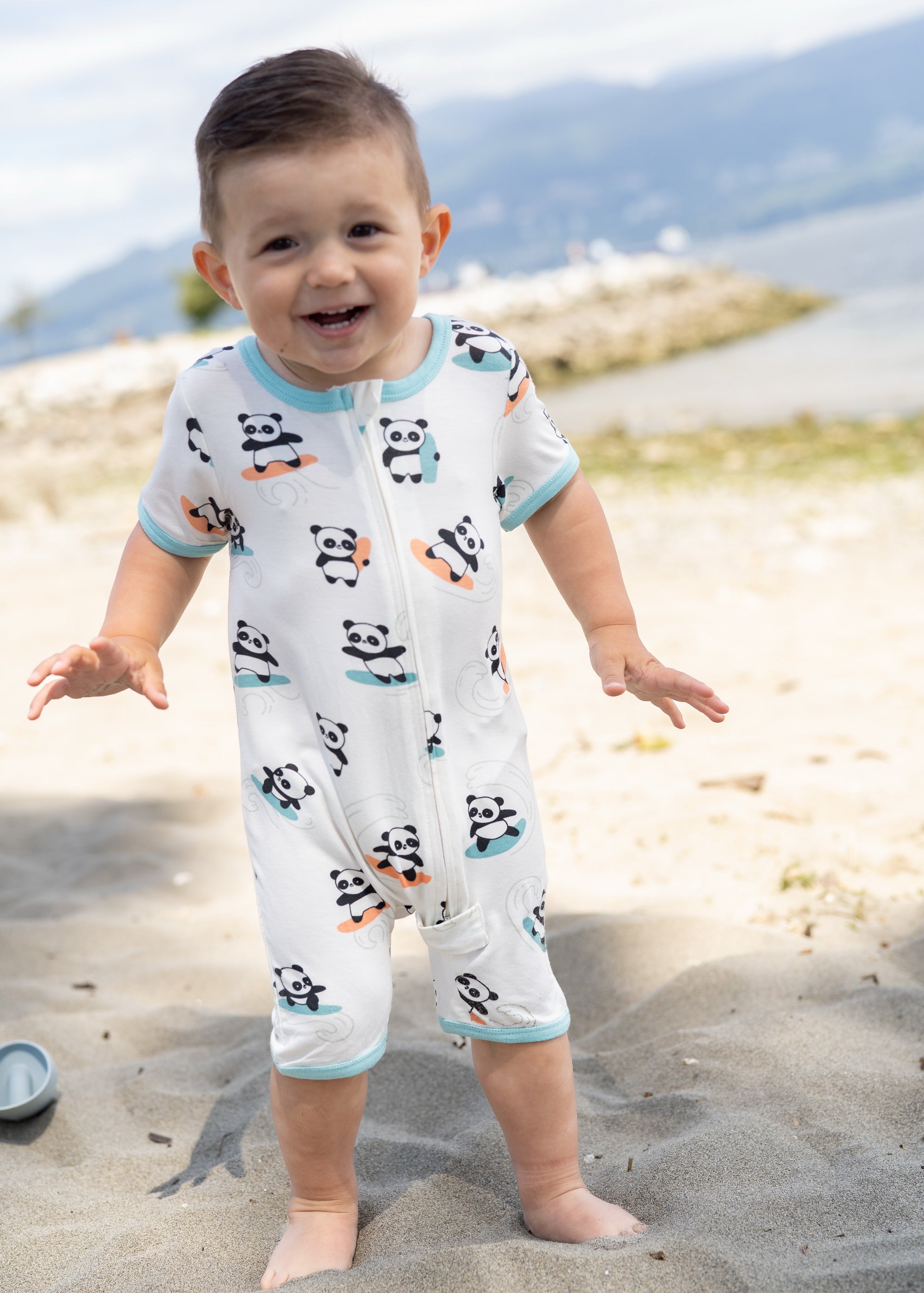 Bamboo Short Sleeve Zippy Romper (Surfs Up Panda Print)