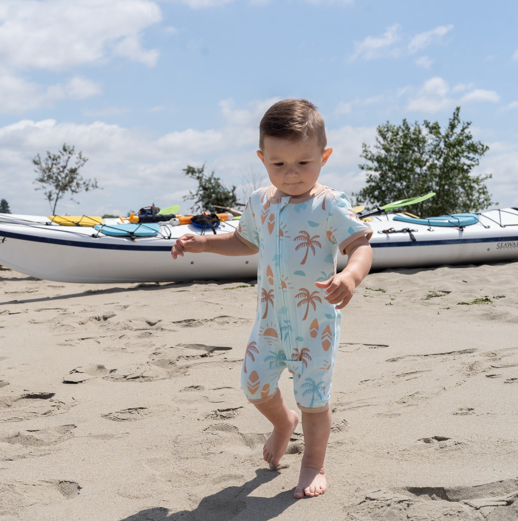 Bamboo Short Sleeve Zippy Romper (Sunny Shores Print)