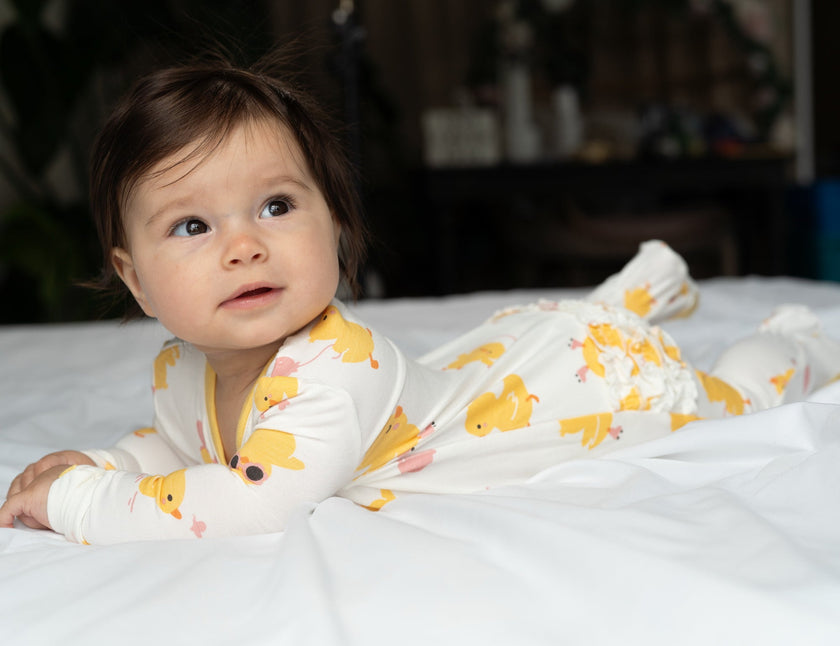 Bamboo Ruffle Footies with Two Way Zipper (Little Chick Print)