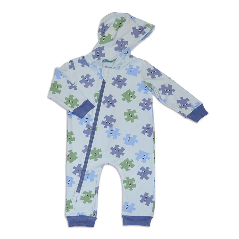 Bamboo Fleece Hooded Romper w/2 Way Zipper (Puzzle Pals Print)