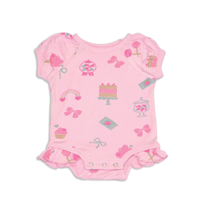 Bamboo Short Sleeve Ruffle Onesie (Sweet Shop Print)