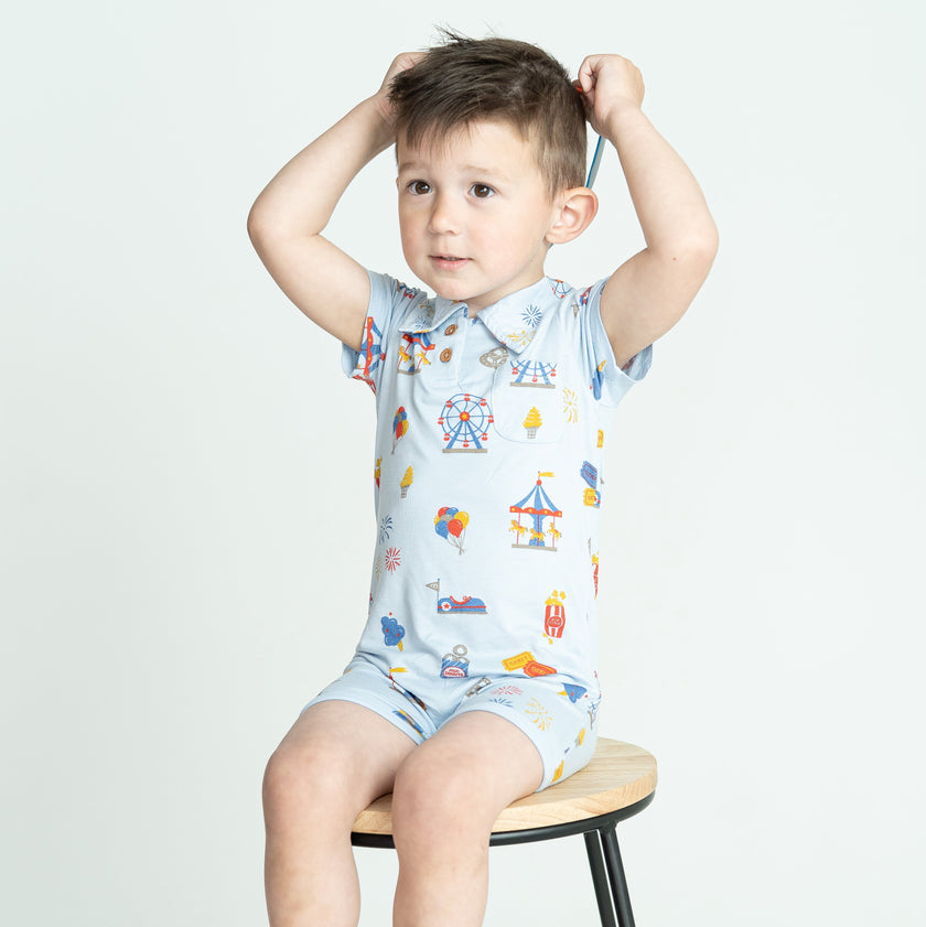 Bamboo Short Sleeve Polo Romper (Funland Print)