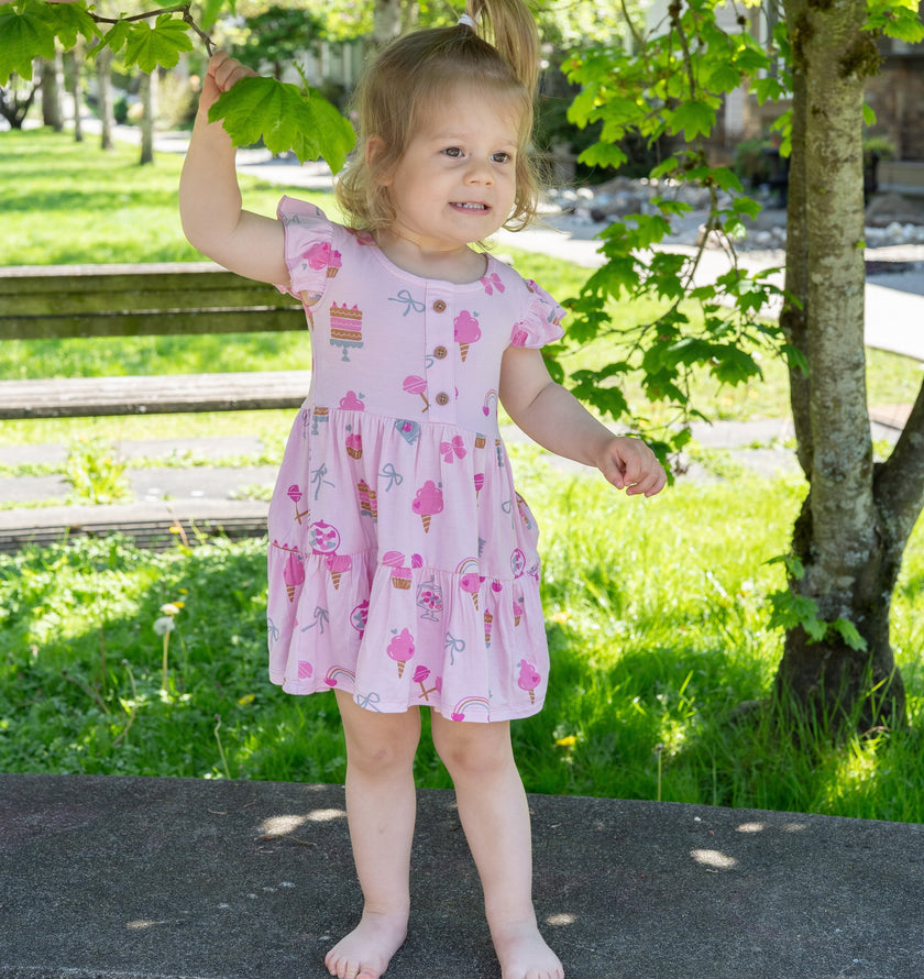Bamboo Flutter Sleeve Tiered Dress with Bloomer (Sweet Shop Print)