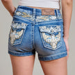 Westfield Eagle Women’s Embroidered Denim Shorts. High Waisted Eagle Wing Bling