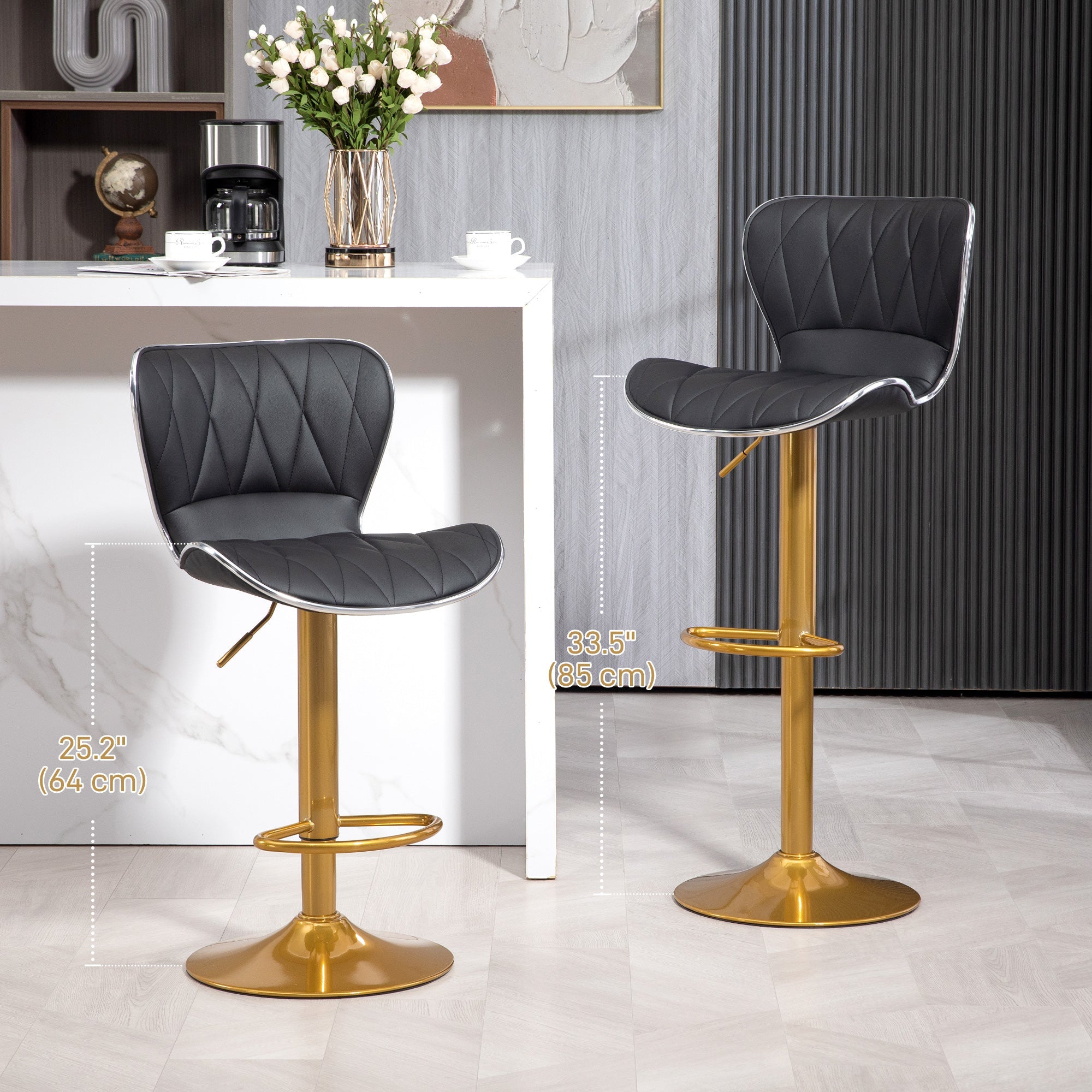 Maxi Counter Height Bar Stools Set of 2-Adjustable Height and Swivel Seat-Black/Gold