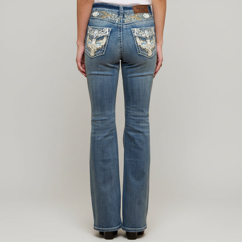 Westfield Eagle Women’s Embroidered Bootcut Jeans. High Waisted Eagle Bling Denim