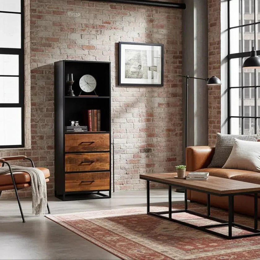 Armoire en bois de manguier et structure d'acier noir