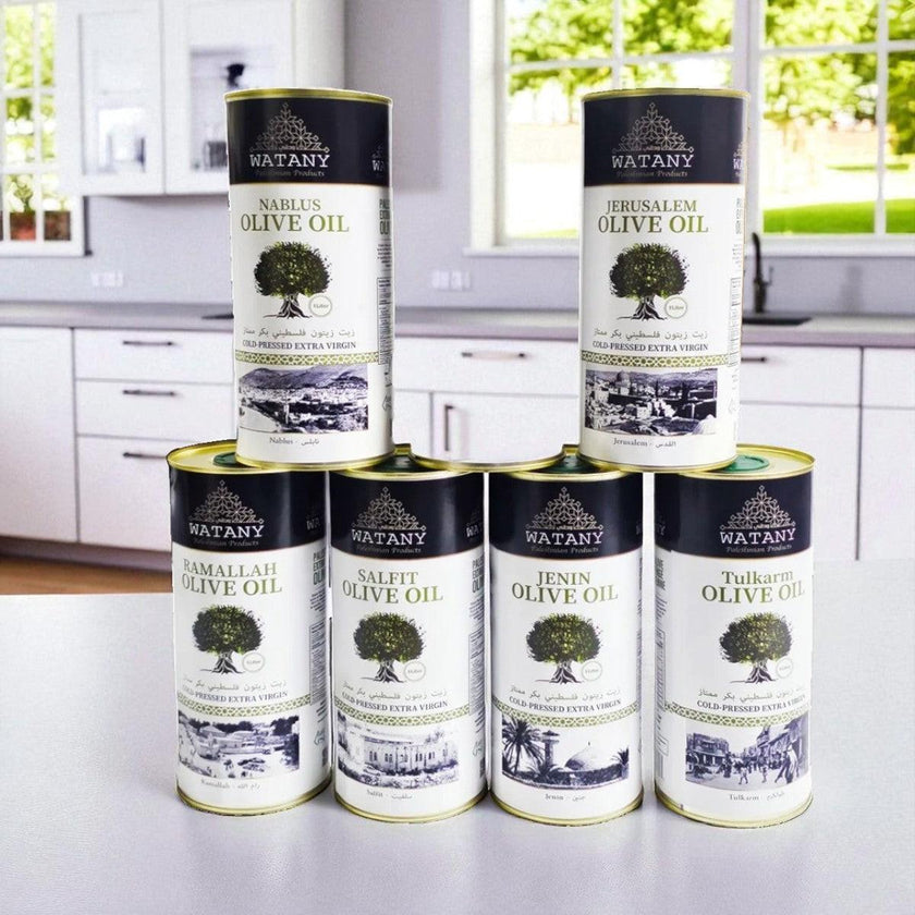Olive Oil Set – Taste of Palestine by WATANY (6 x 1 L Regional Sampler: Tulkarm, Al Quds, Jenin, Nablus, Salfit & Ramallah)