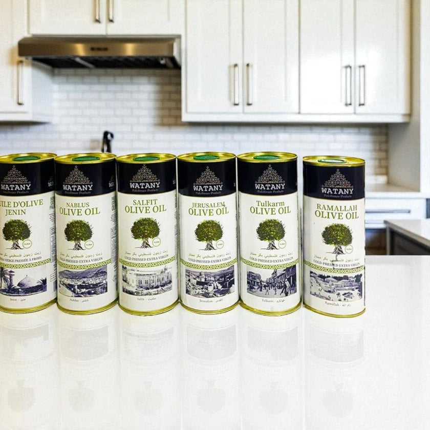 Olive Oil Set – Taste of Palestine by WATANY (6 x 1 L Regional Sampler: Tulkarm, Al Quds, Jenin, Nablus, Salfit & Ramallah)