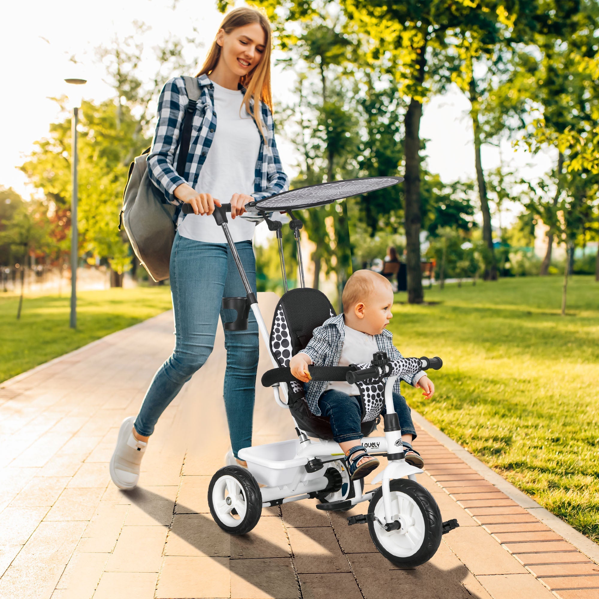 Qaba 4-in-1 Convertible Kids Tricycle with Removable Handlebar and Canopy White
