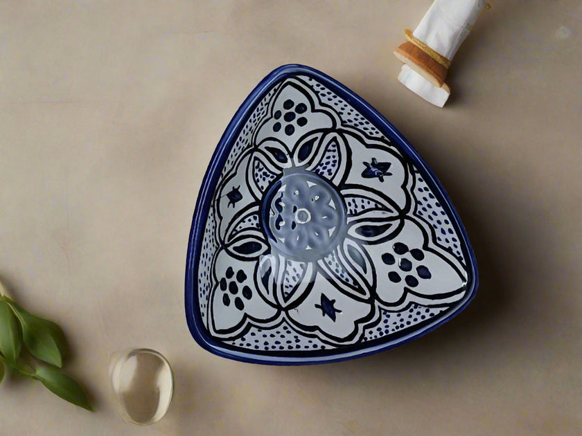 Handmade Ceramic Triangle Appetizer Plate – 7” Serving Dish | Moroccan & Floral Patterns