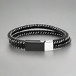 Men's Black Leather & Stainless Steel Wire Braided Bracelet