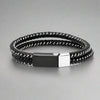 Men's Black Leather & Stainless Steel Wire Braided Bracelet