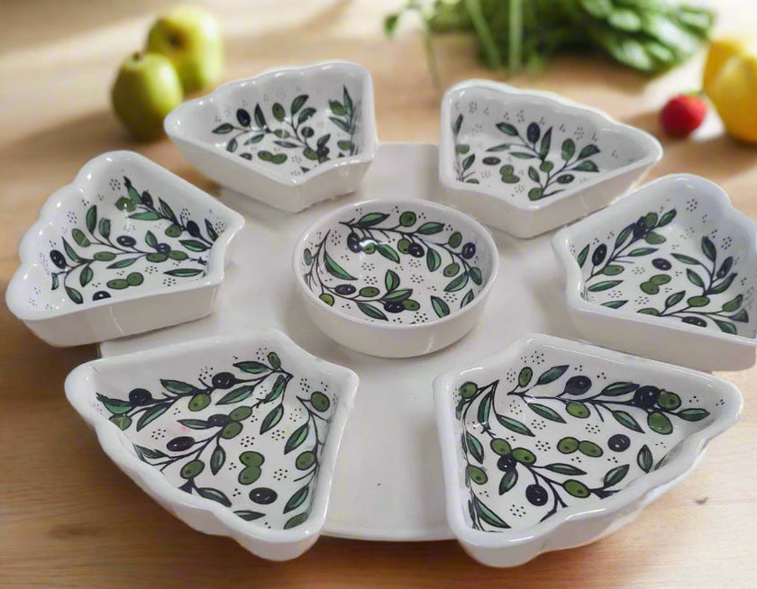 Handcrafted 8-Piece Ceramic Appetizer & Dipping Plate Set – 12” Round | Olive Harmony Pattern
