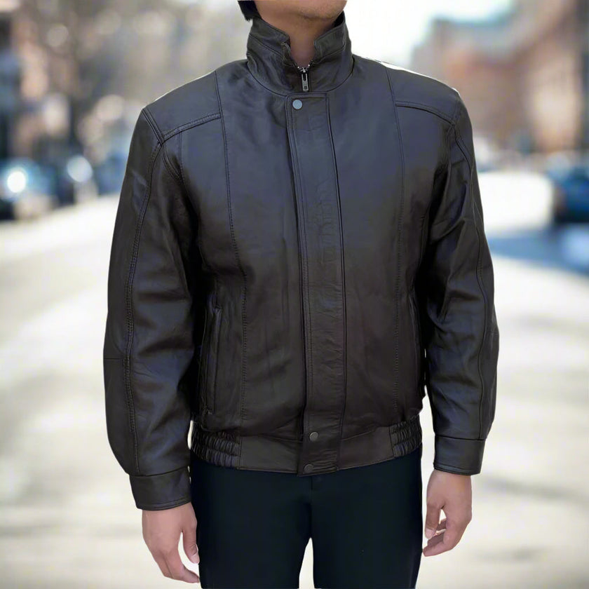 BOL Men's Double Pocket Leather Bomber Jacket