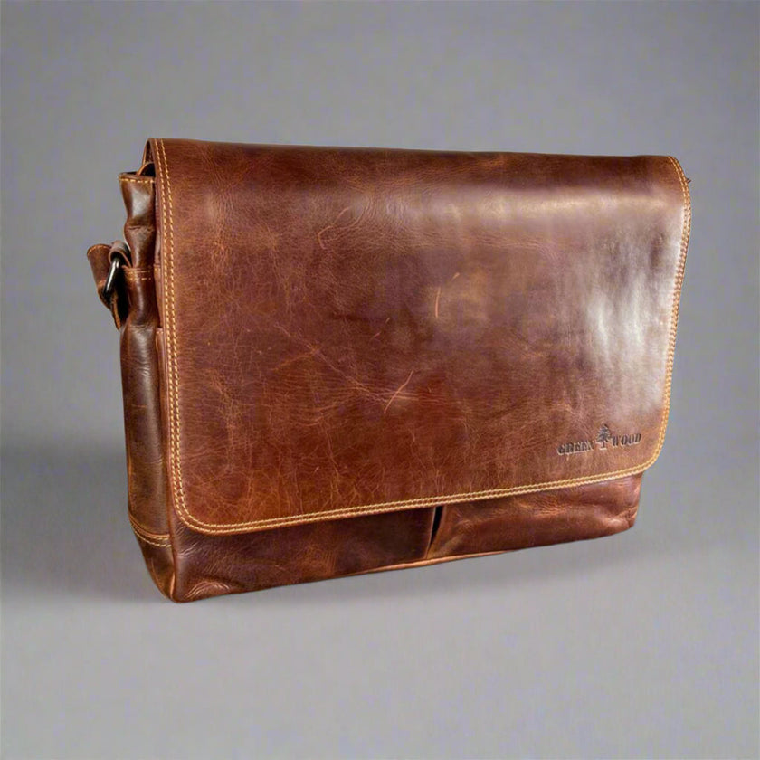Greenwood Leather Laptop Bag. Premium Waxed Full-Grain Leather Briefcase for 16