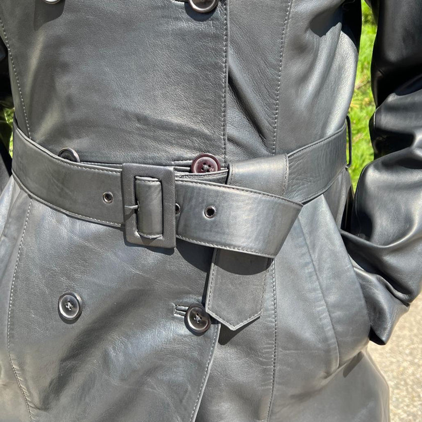 Women's Classic Leather Trench Coat. Double-Breasted Button Closure with Adjustable Belt