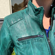Women's Classic Sheep Leather Jacket. Standing Collar with Studs, 4 Zippered Pockets & Shoulder Accent Stitching