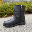 Women's Motorcycle Biker Leather Boots. Black Cowhide with Studded Straps & Side Zip