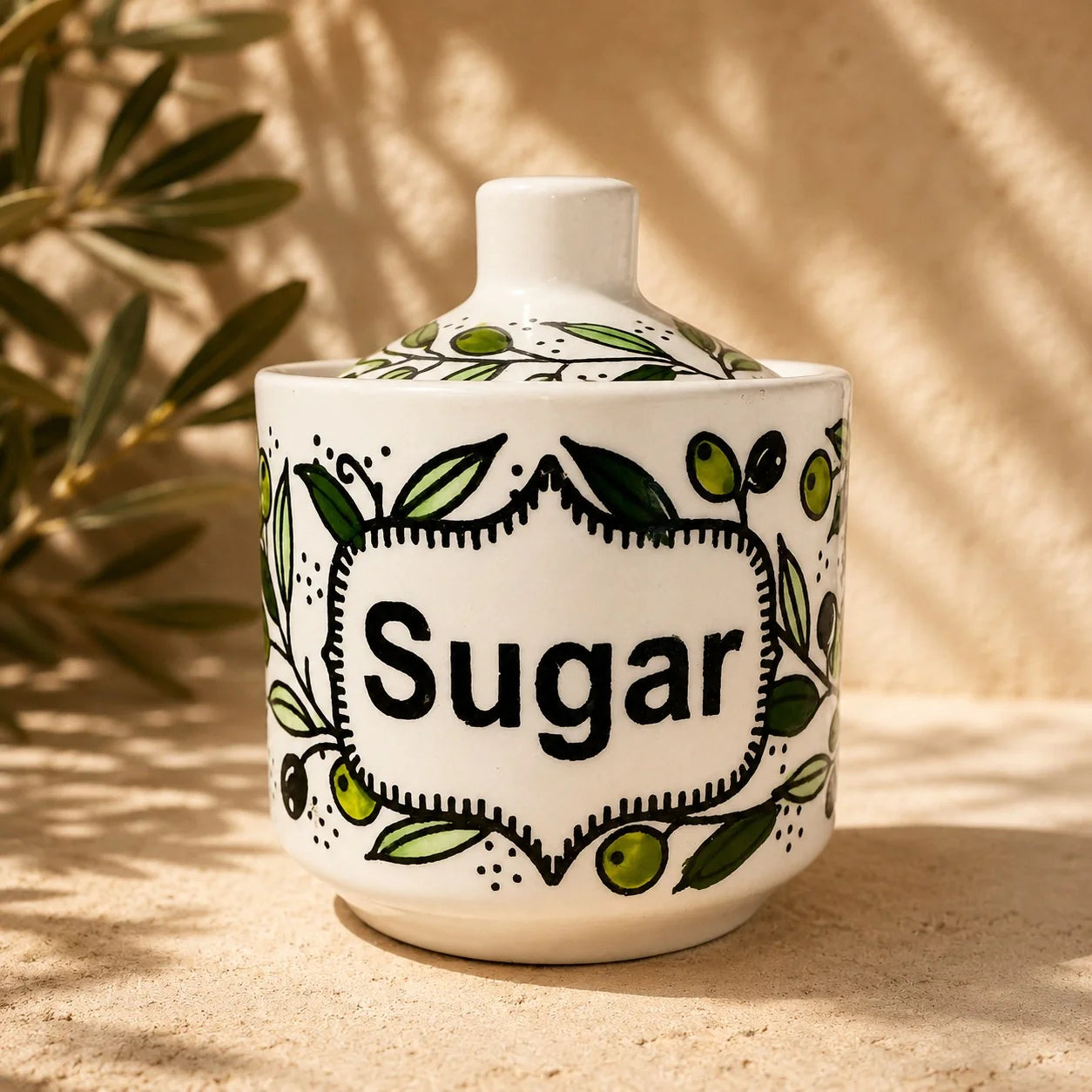 Handmade Olive Branch Ceramic Pot with Lid – Storage Jar, Canister & Kitchen Container