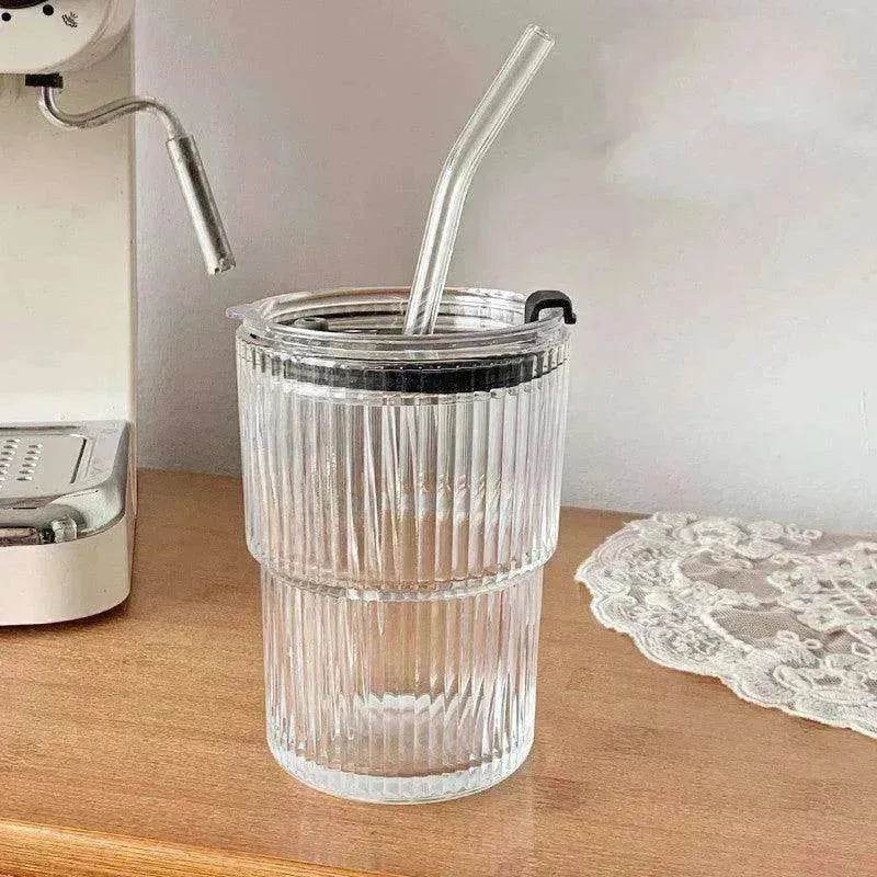 Wind Stripe Coffee Mug With Straw With Lid Glass Handy Mug