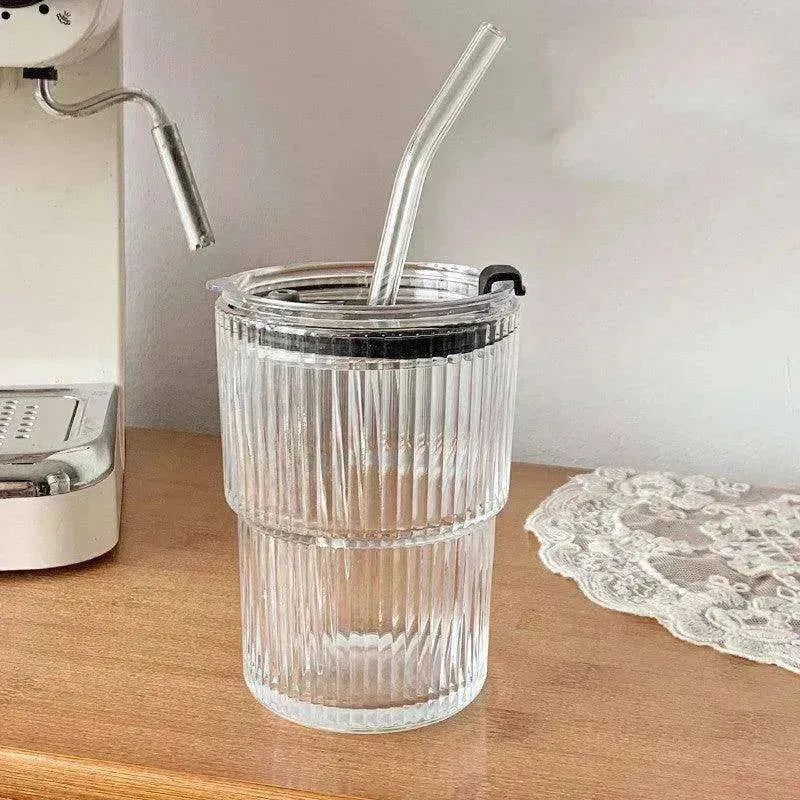 Wind Stripe Coffee Mug With Straw With Lid Glass Handy Mug