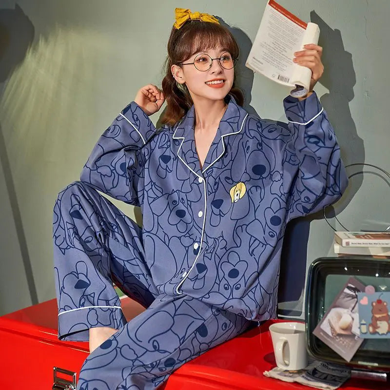 Women Pajamas – Cotton Cartoon Pajama Suit with Long Sleeves