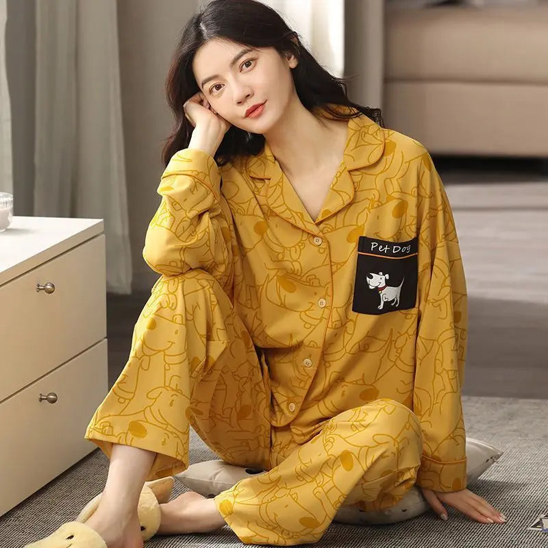 Women Pajamas – Cotton Cartoon Pajama Suit with Long Sleeves