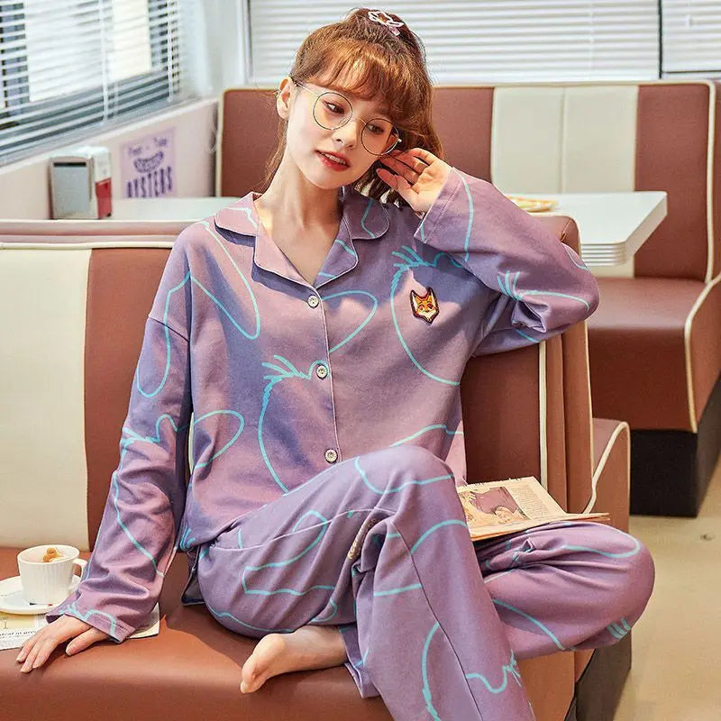 Women Pajamas – Cotton Cartoon Pajama Suit with Long Sleeves