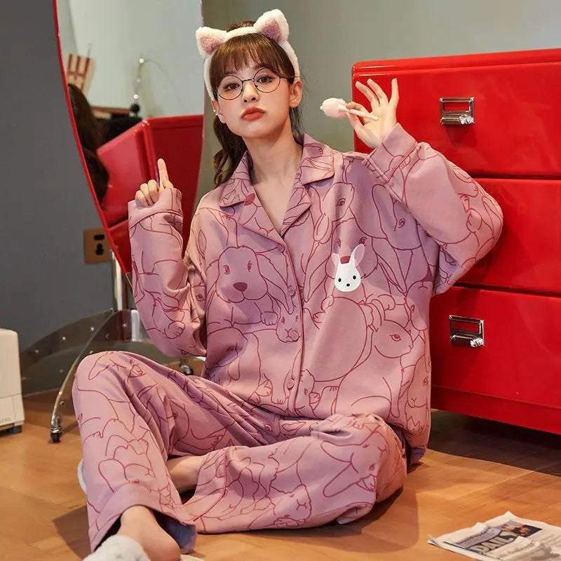 Women Pajamas – Cotton Cartoon Pajama Suit with Long Sleeves