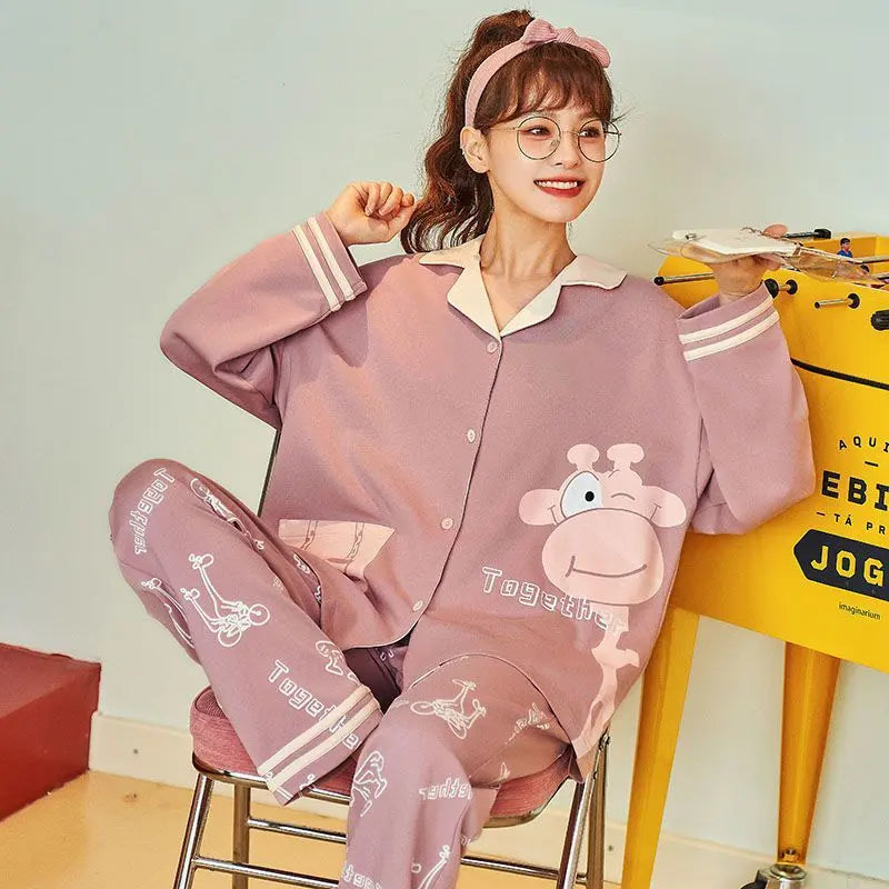 Women Pajamas – Cotton Cartoon Pajama Suit with Long Sleeves