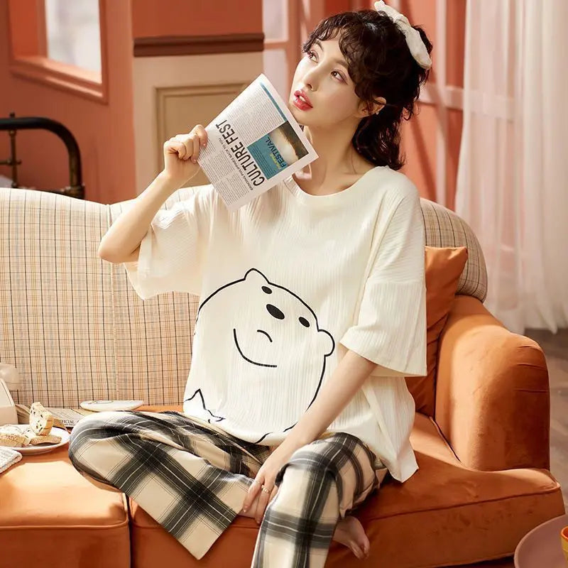 Women Pajamas – Cotton Cartoon Pajama Suit with Long Sleeves