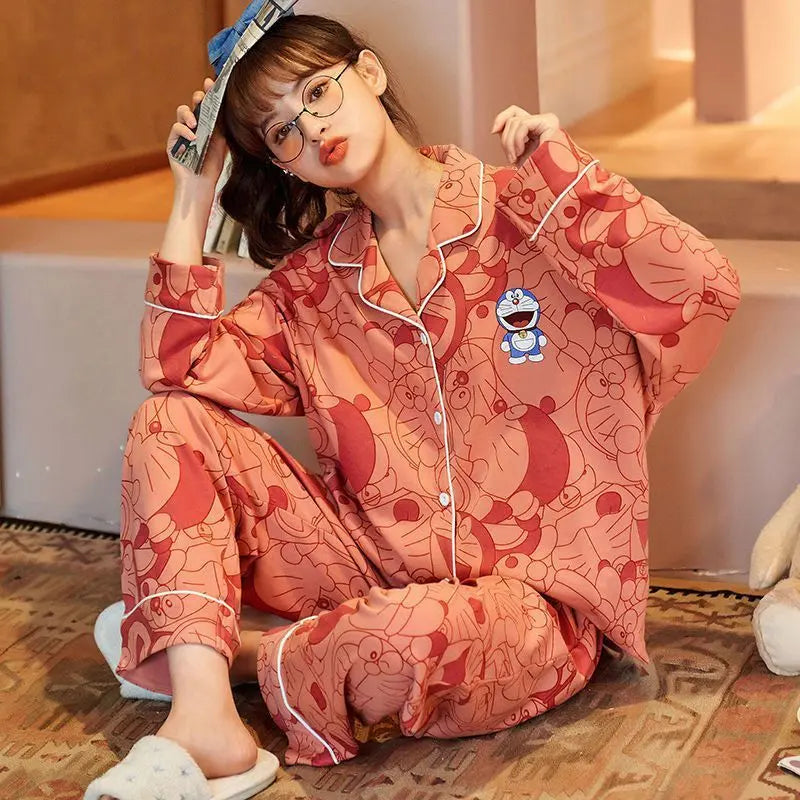 Women Pajamas – Cotton Cartoon Pajama Suit with Long Sleeves