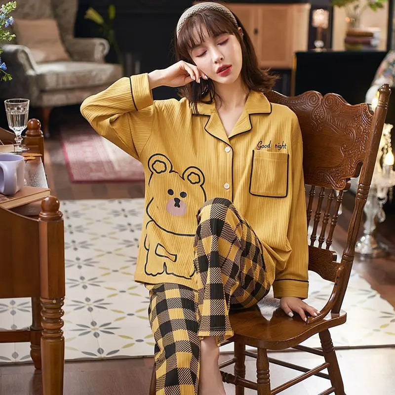 Women Pajamas – Cotton Cartoon Pajama Suit with Long Sleeves
