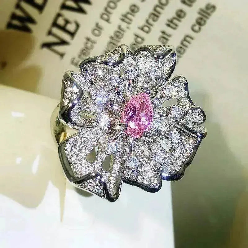 Women Diamond Flower Fashion Ring Female Opening