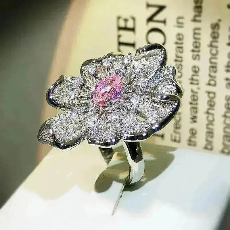 Women Diamond Flower Fashion Ring Female Opening