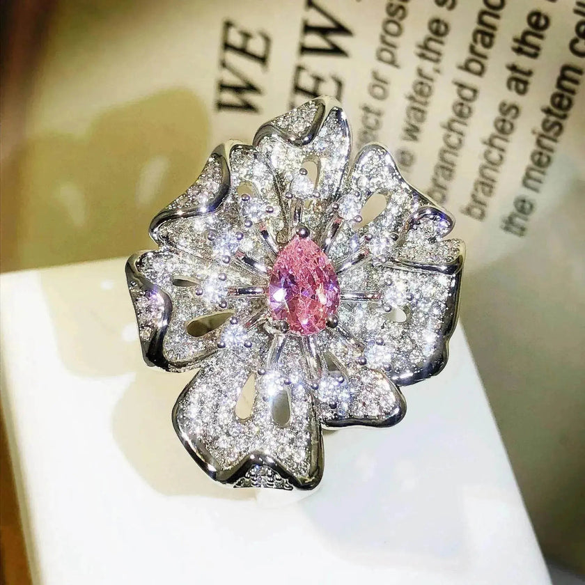 Women Diamond Flower Fashion Ring Female Opening