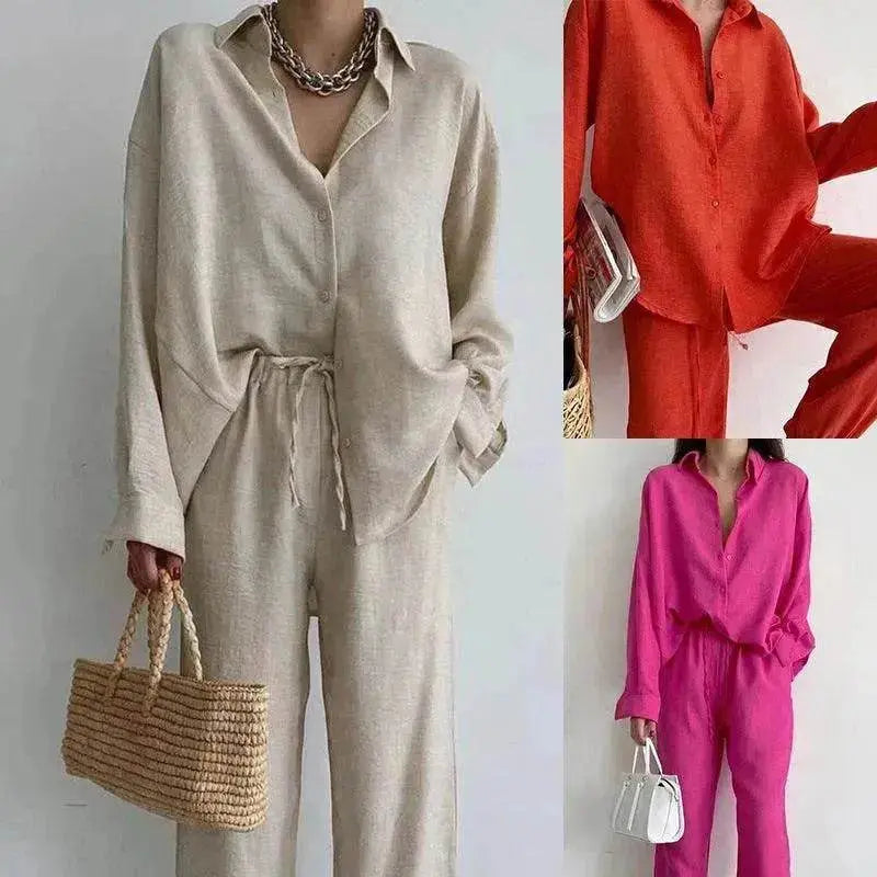 Women's 2 Piece Outfits Set Linen Button down shirt Blouse and straight Leg Pants Set
