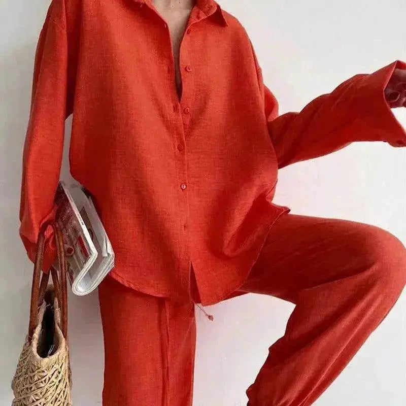 Women's 2 Piece Outfits Set Linen Button down shirt Blouse and straight Leg Pants Set