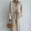 Women's 2 Piece Outfits Set Linen Button down shirt Blouse and straight Leg Pants Set