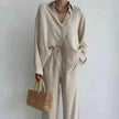 Women's 2 Piece Outfits Set Linen Button down shirt Blouse and straight Leg Pants Set