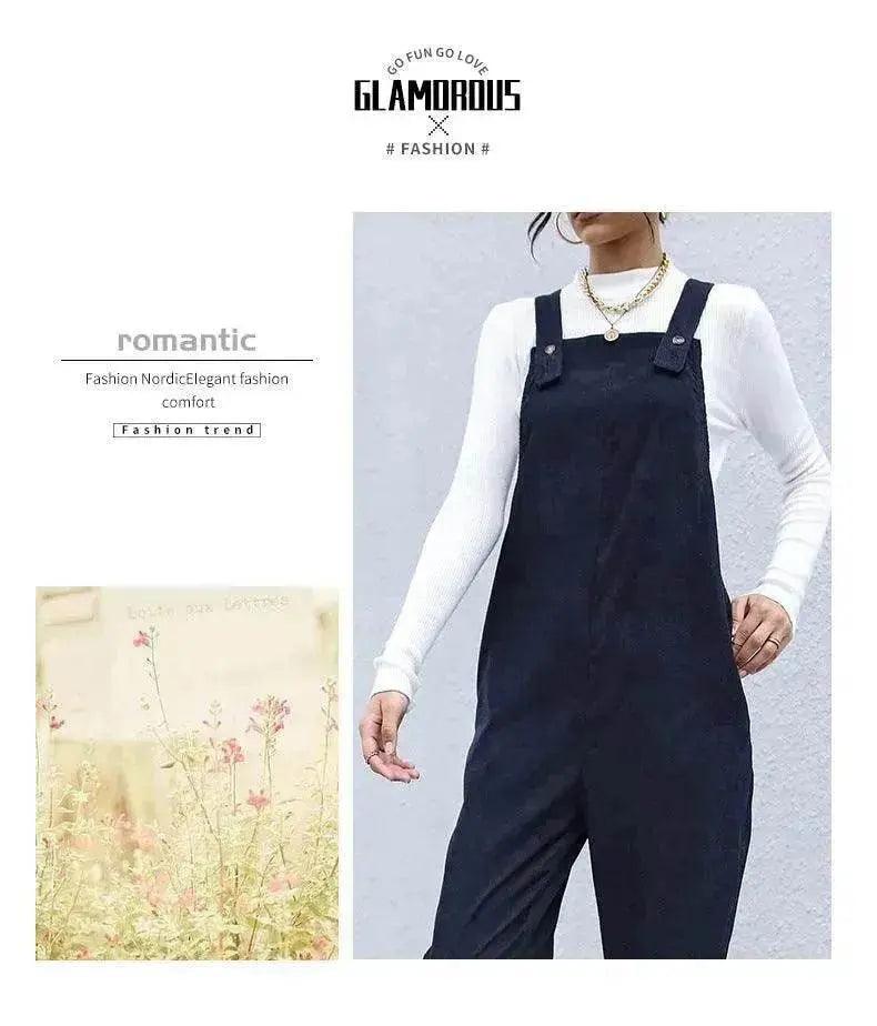 Women's Autumn Warm Corduroy Loose Solid Color Suspender Pants