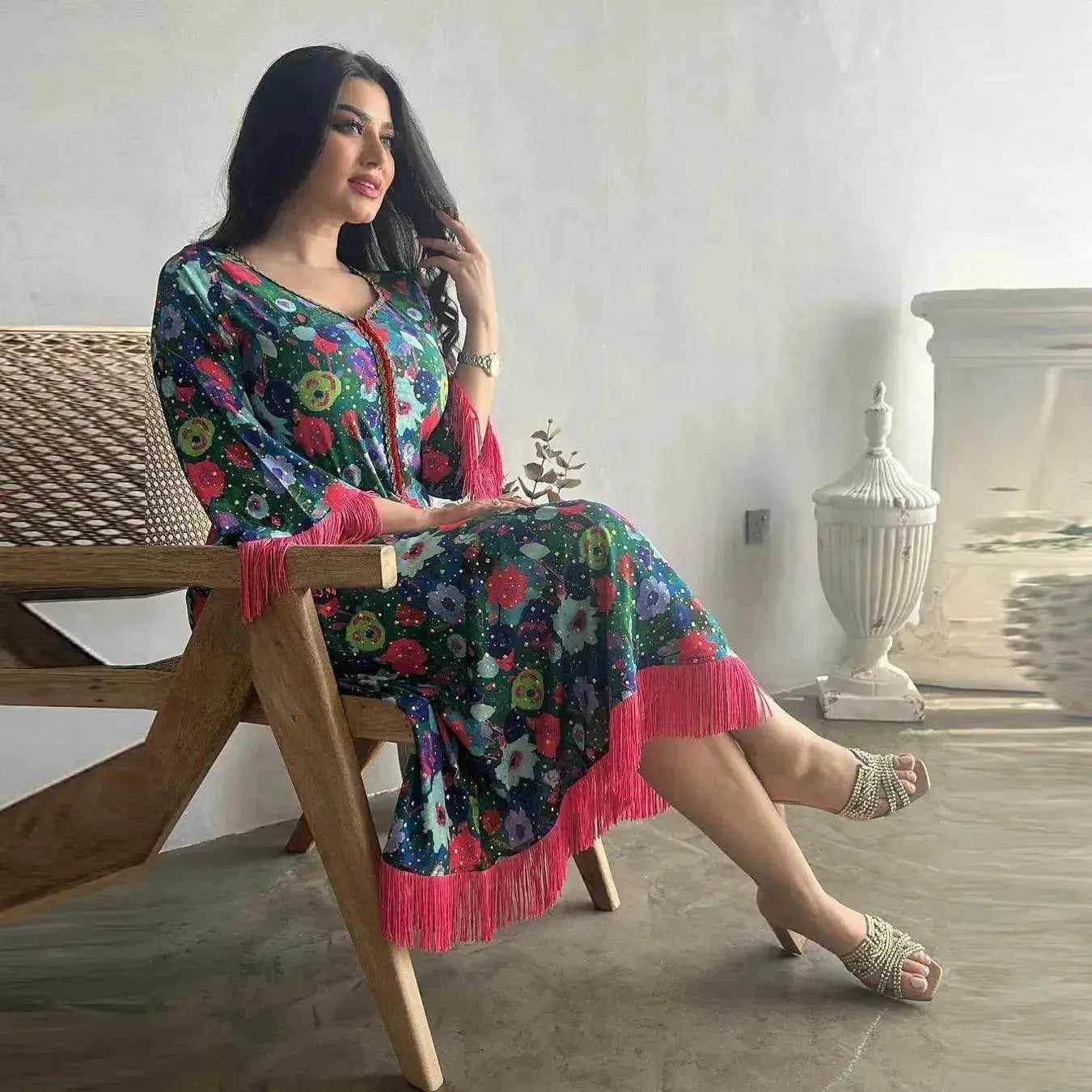 Women's Bronzing Printed Casual Dubai Arab  Robe