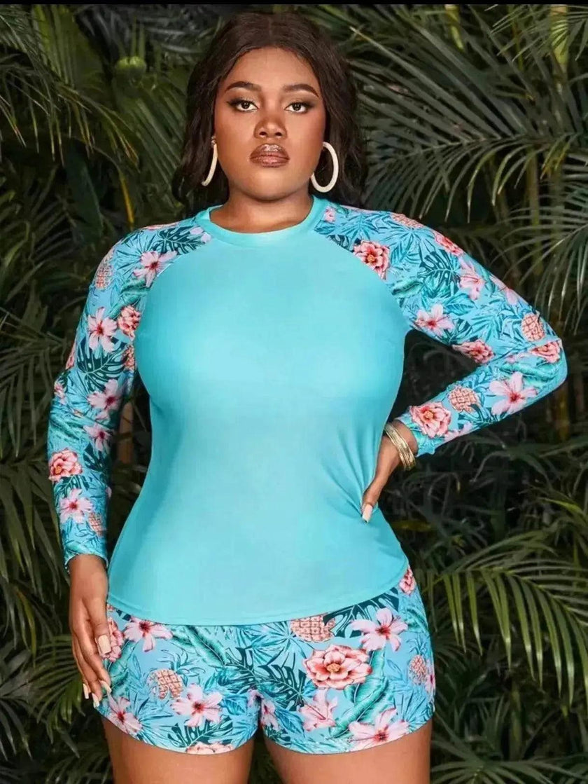 Women's Long Sleeve High Waist Split Swimsuit – Plus Size Lounge Set