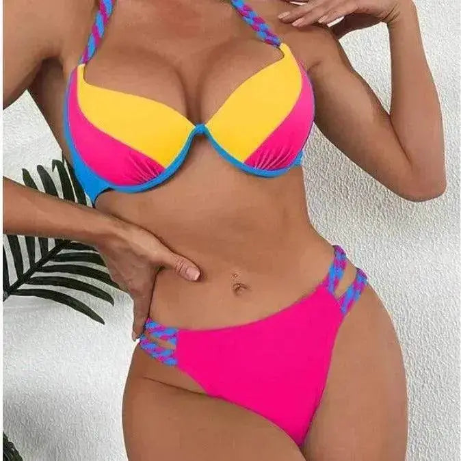 Women's Fashion Temperament Color Matching Triangle High Waist Bikini Swimsuit Two-piece