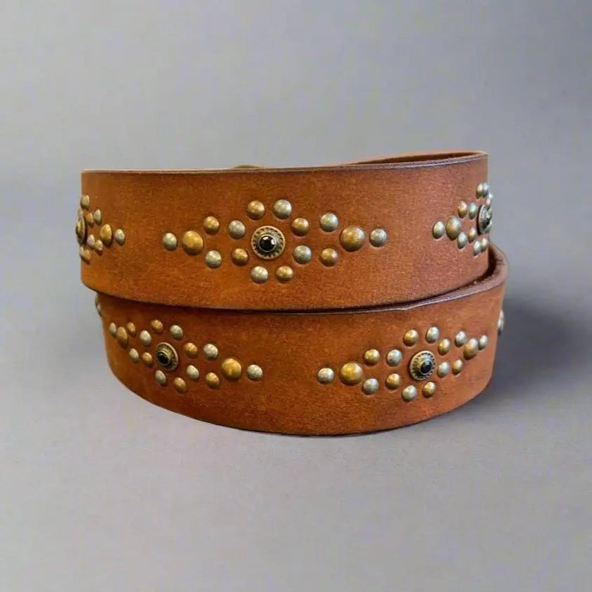 Women's Full Grain Leather Belt with Ornamental Stud Pattern