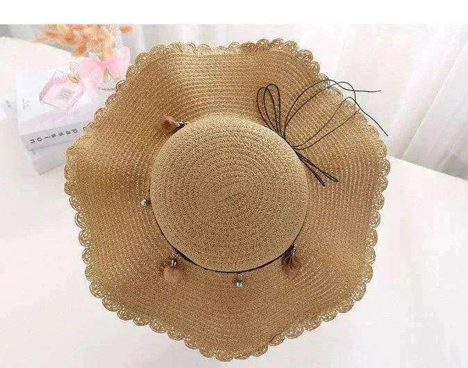 Women's Han Korean Edition Big Beach Wavy With Leather Rope Weaving Hat